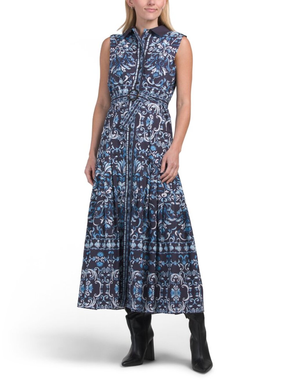 Elie Tahari Ikat Print Belted Cotton Maxi Shirt Dress